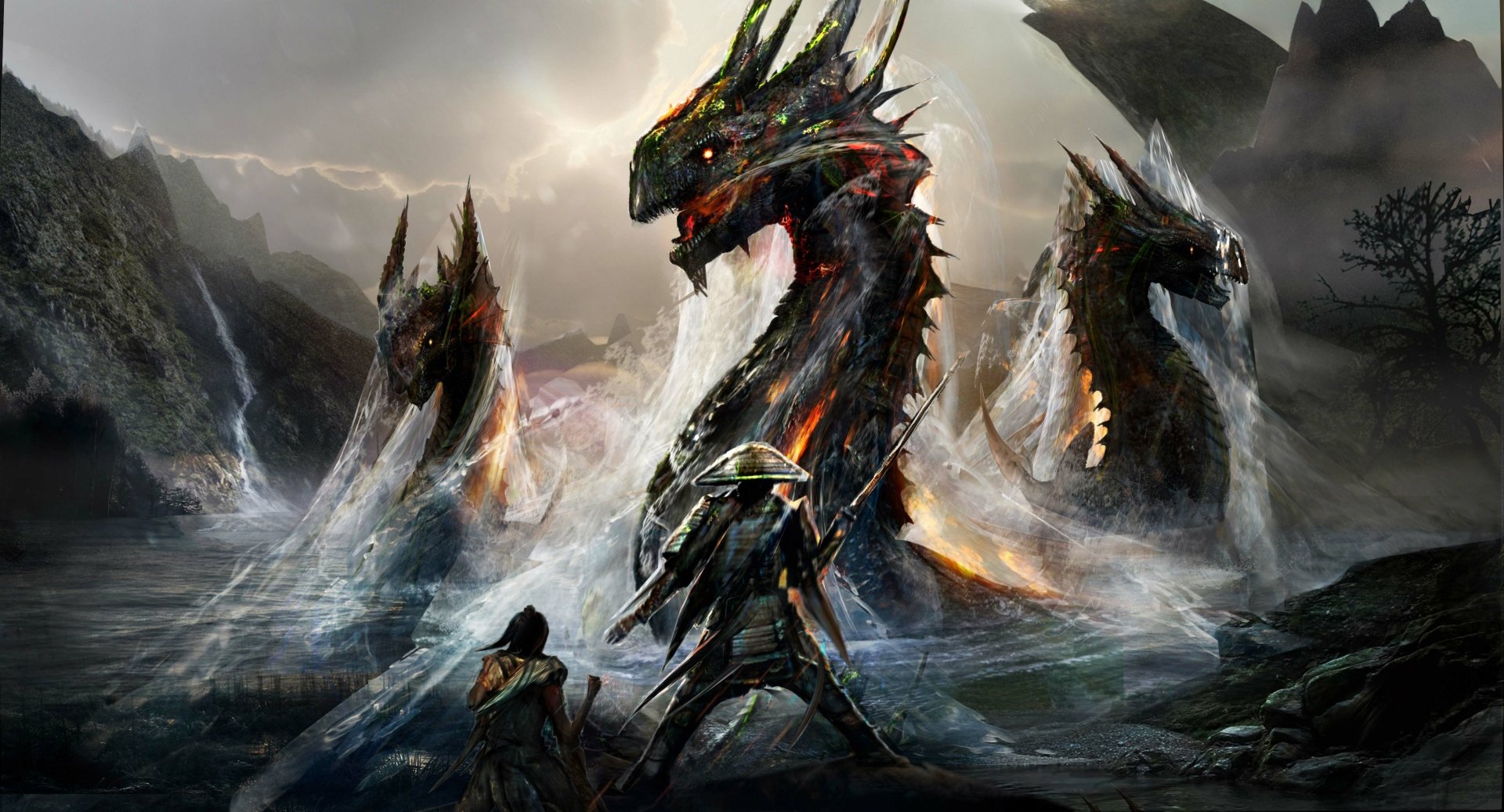 HD desktop wallpaper featuring a fantasy scene with a warrior facing a giant sea monster with multiple heads in a dramatic, rocky landscape. Tags: sea monster, creature, warrior, fantasy, samurai, fantasy warrior.