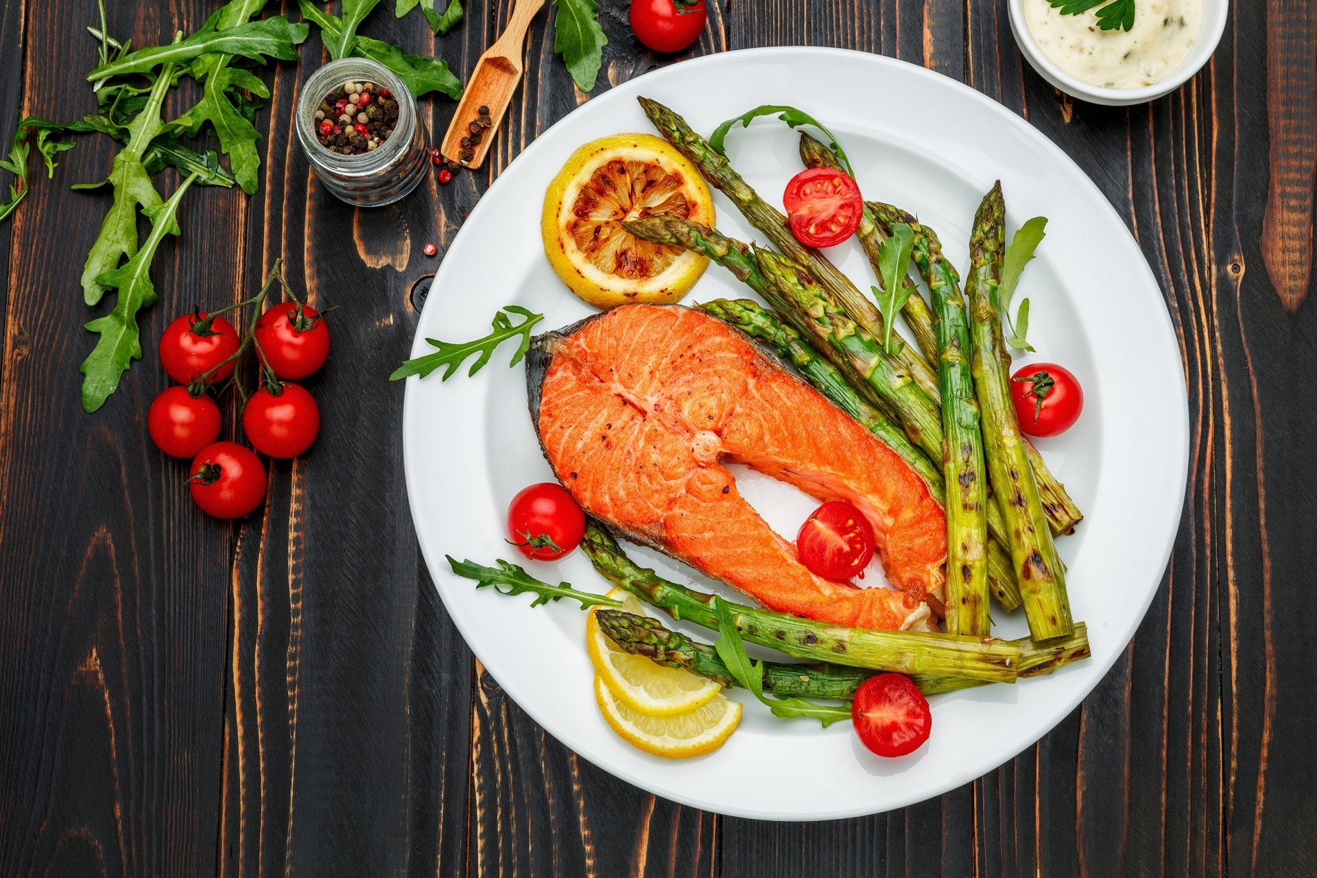 Download Still Life Tomato Vegetable Salmon Food Fish HD Wallpaper