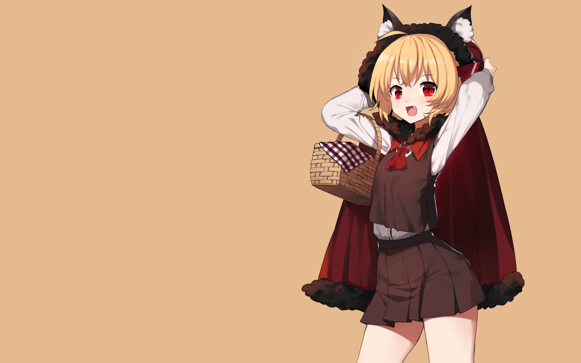 HD anime desktop wallpaper featuring Rumia from Touhou, depicted in a dark outfit with a red cape and fox ears against a beige background.
