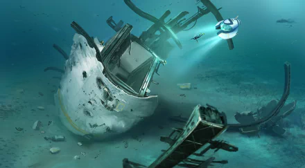 A stunning HD wallpaper from the video game Subnautica, depicting a submerged wreckage with a small submersible exploring the mysterious underwater world.