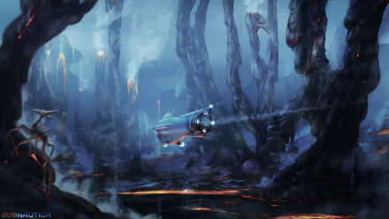 HD PC desktop wallpaper from the video game Subnautica, featuring a deep underwater scene with a small submarine navigating through glowing, mysterious rock formations.