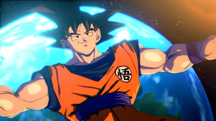 Goku in orange gi from the video game Dragon Ball FighterZ, HD PC desktop wallpaper/background showing him hovering with an energy aura before a glowing planet.