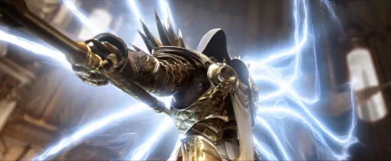 HD desktop wallpaper of Tyrael, the angelic character from the video game Diablo III, depicted in radiant armor with glowing light effects.