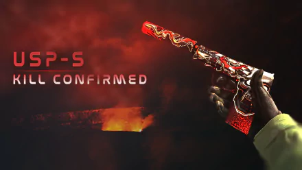 4K Ultra HD wallpaper featuring the USP-S pistol from Counter-Strike: Global Offensive with Kill Confirmed text against a dark, fiery background.