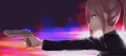 Anime-style HD PC desktop wallpaper featuring a close-up of a character with light hair aiming a handgun against a vibrant, colorful background.