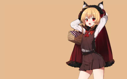 HD anime desktop wallpaper featuring Rumia from Touhou, depicted in a dark outfit with a red cape and fox ears against a beige background.