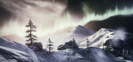 Brothers: A Tale of Two Sons — 2K Quad HD PC desktop wallpaper/background showing a snowy mountain scene with pine trees, rocky ledges and a glowing aurora borealis under a starry sky.
