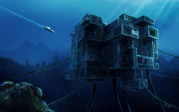 HD PC desktop wallpaper showing an underwater base from the video game Subnautica, featuring deep ocean scenery and a submerged habitat.