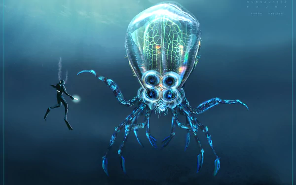 A striking 4K Ultra HD wallpaper from the video game Subnautica, featuring a diver confronting a luminous, robotic sea creature in a deep underwater setting.