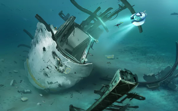 A stunning HD wallpaper from the video game Subnautica, depicting a submerged wreckage with a small submersible exploring the mysterious underwater world.