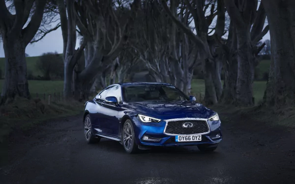 Blue Infiniti Q60 parked on a dark tree-lined road at dusk, front three-quarter view — 2K Quad HD PC desktop wallpaper and background.