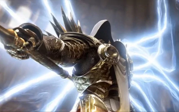 HD desktop wallpaper of Tyrael, the angelic character from the video game Diablo III, depicted in radiant armor with glowing light effects.