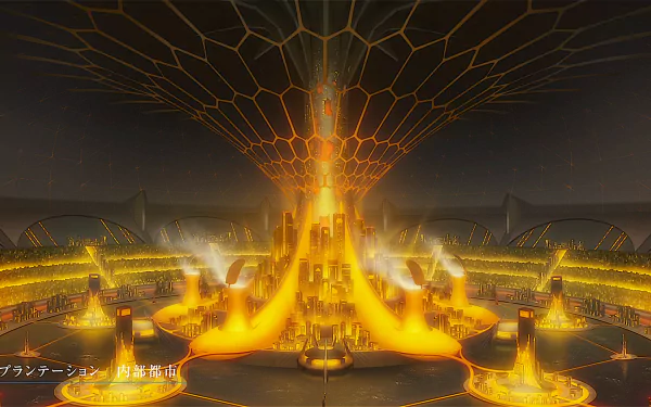 HD wallpaper of an underground city from Darling in the FranXX anime, featuring bright orange-yellow illumination and futuristic architecture.