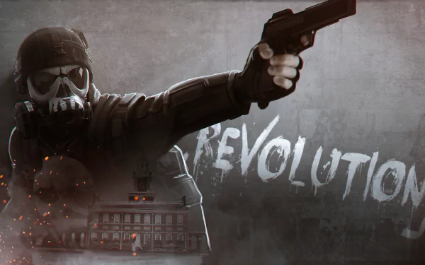 4K Ultra HD PC wallpaper featuring a masked figure aiming a gun with the word Revolution, from the video game Homefront: The Revolution.
