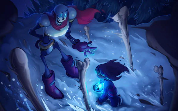 HD desktop wallpaper featuring Frisk and Papyrus from the video game Undertale, set in a snow-covered landscape with a mystical blue glow.