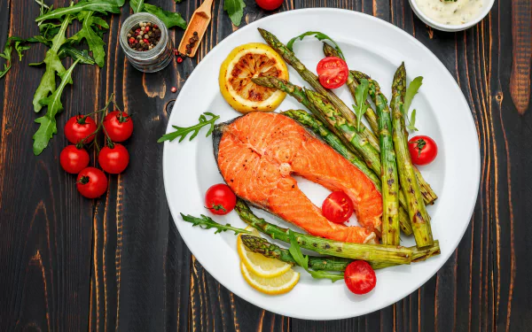 still life tomato vegetable salmon food fish HD Desktop Wallpaper | Background Image