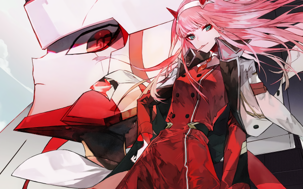 Anime Darling in the FranXX Zero Two Horns Long Hair Green Eyes Pink Hair Lollipop Coat Red Eyes HD Wallpaper | Background Image