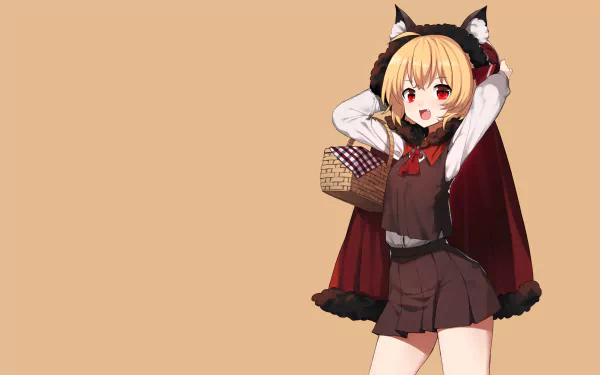 HD anime desktop wallpaper featuring Rumia from Touhou, depicted in a dark outfit with a red cape and fox ears against a beige background.