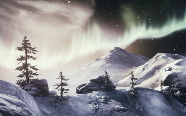 Brothers: A Tale of Two Sons — 2K Quad HD PC desktop wallpaper/background showing a snowy mountain scene with pine trees, rocky ledges and a glowing aurora borealis under a starry sky.
