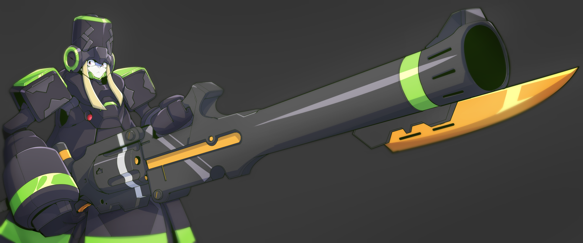 A robotic character from Darling in the FranXX features striking pink eyes and holds a large, futuristic gun, set against a dark background in this vibrant 4K Ultra HD wallpaper.