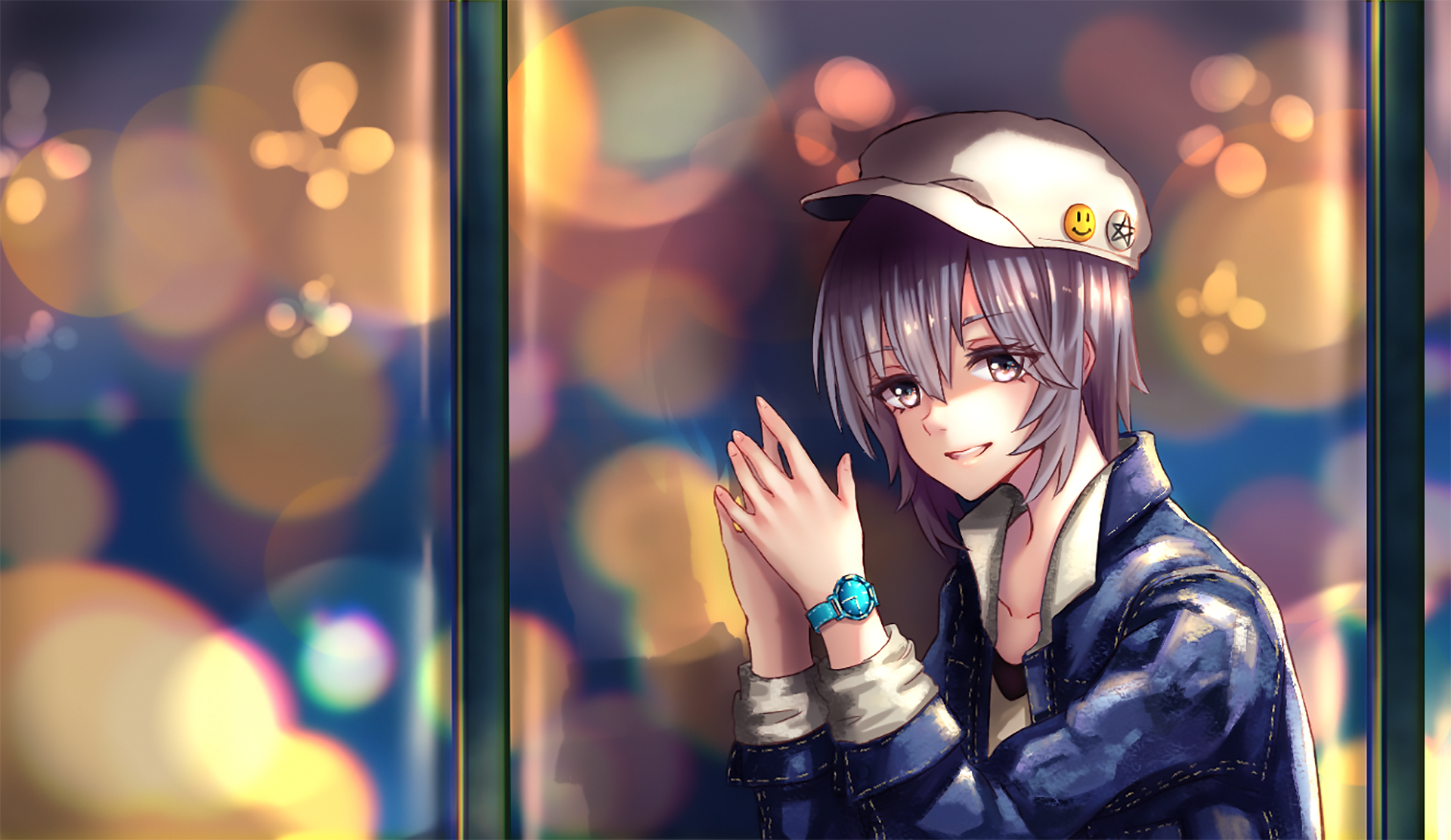 HD anime desktop wallpaper featuring an original character wearing a white hat and a dark jacket, set against a softly blurred cityscape with glowing lights.