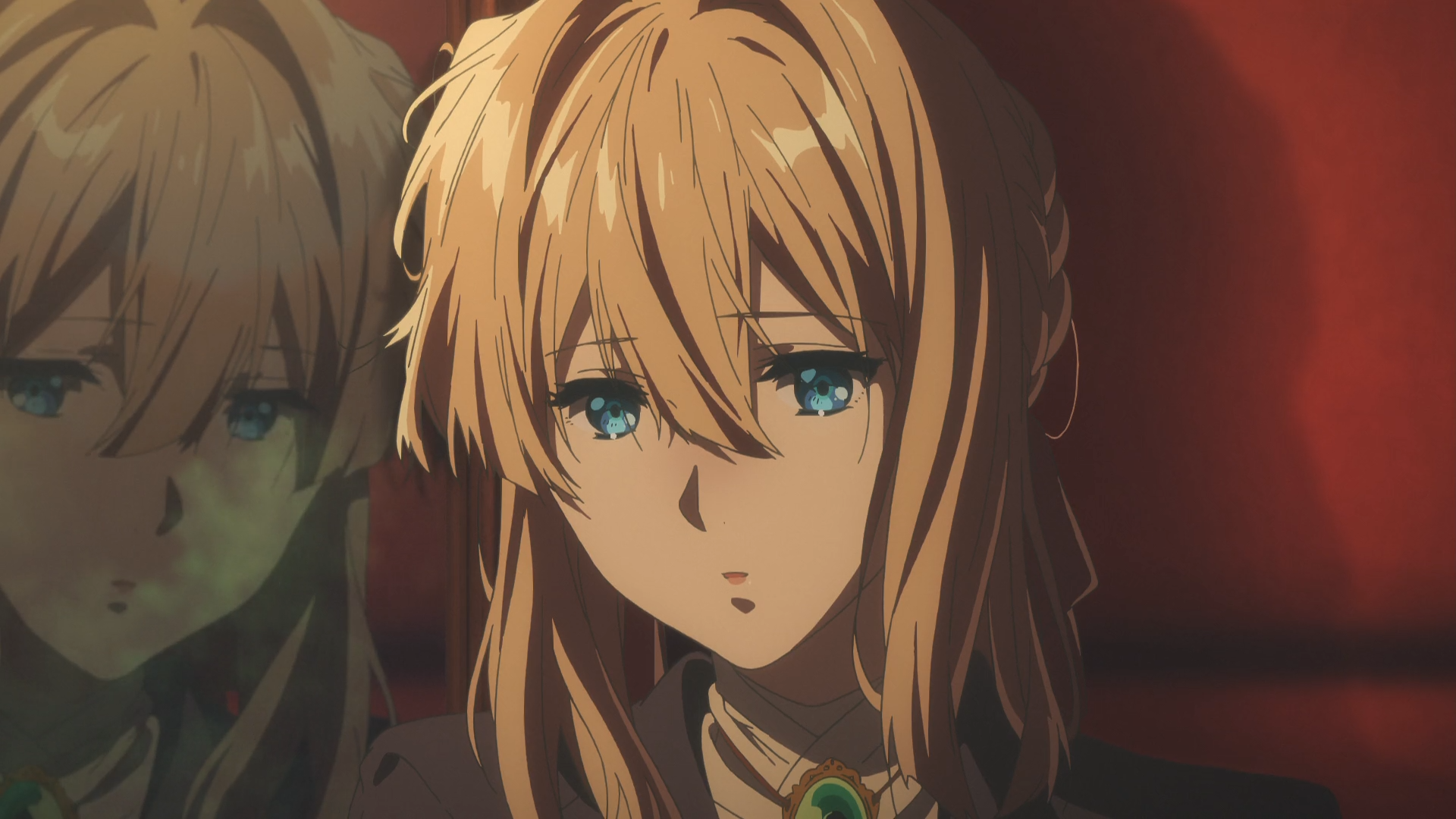 An HD desktop wallpaper featuring the anime character Violet Evergarden with her reflective expression and intricate details, tagged Violet Evergarden (Character), Violet Evergarden, Anime.