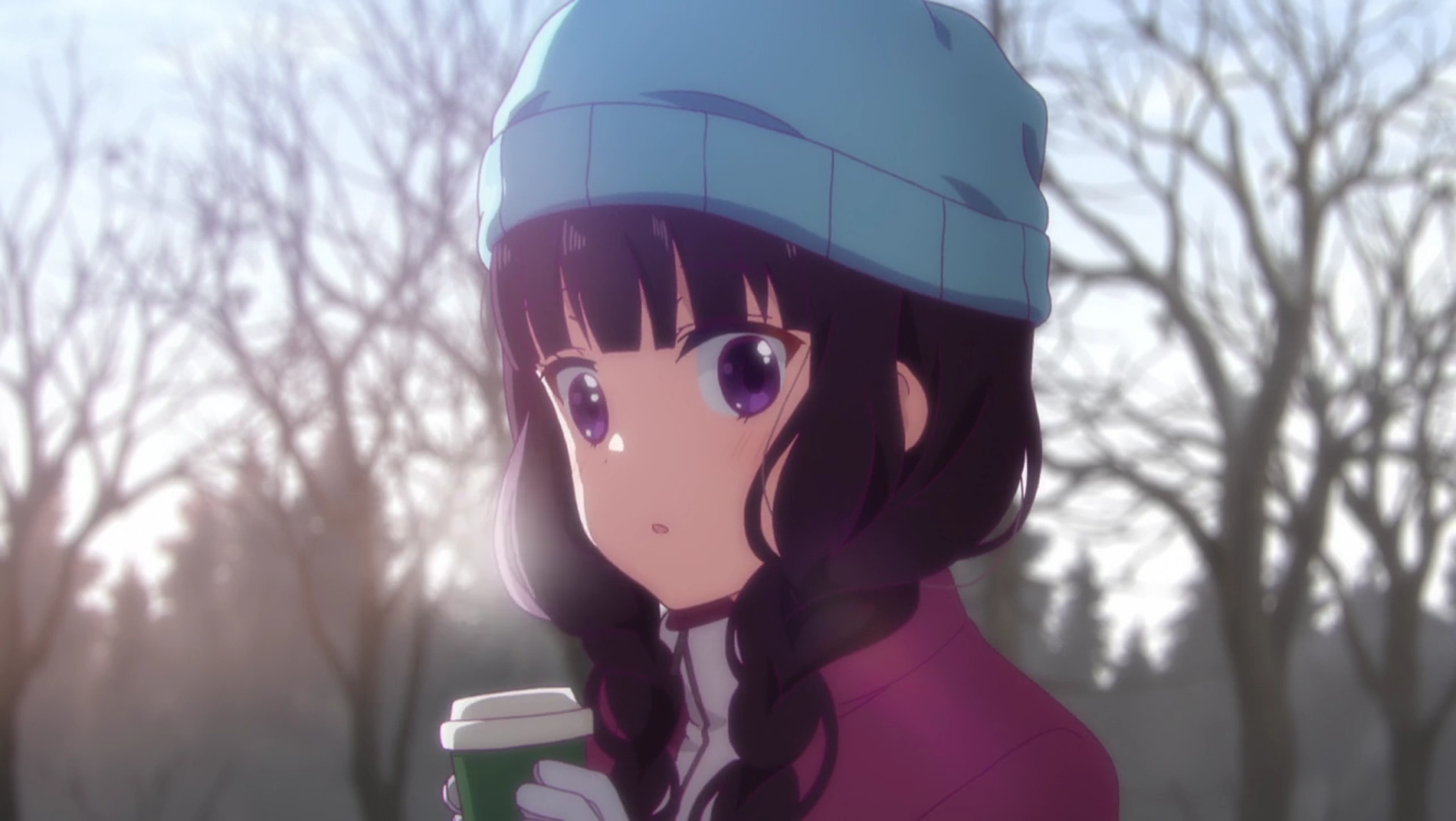 Close-up of Maika Sakuranomiya from Blend S with purple eyes and hair in braids, wearing a hat and glove, holding a cup in a sunbeam-dappled forest setting.