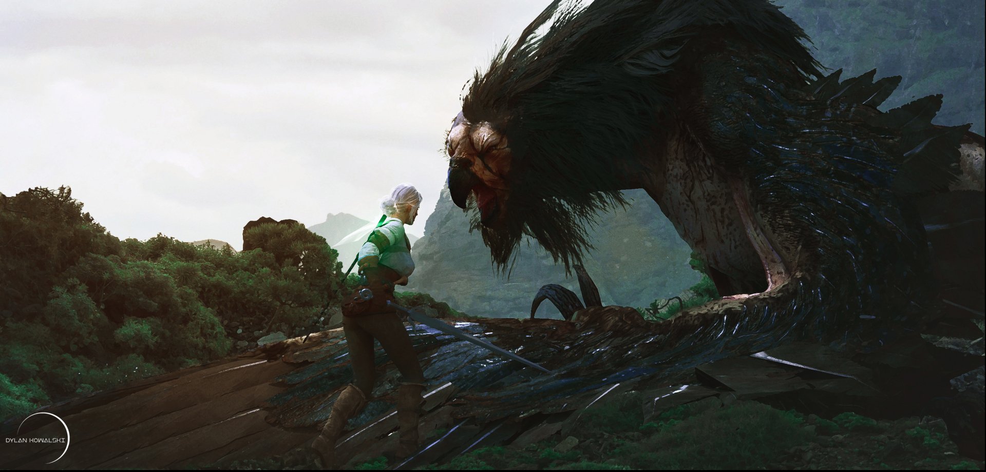Ciri, the woman warrior from The Witcher 3: Wild Hunt, brandishes a sword facing a large creature in this HD PC desktop wallpaper from the video game.