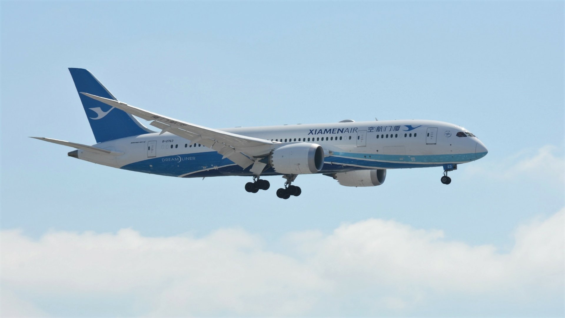 A Boeing 787 Dreamliner passenger plane in flight against a clear blue sky, captured in HD as a desktop wallpaper and background.