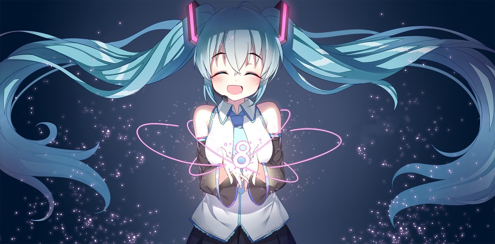 HD anime desktop wallpaper featuring Hatsune Miku, the iconic Vocaloid, smiling with glowing digital effects surrounding her hands against a starry background.