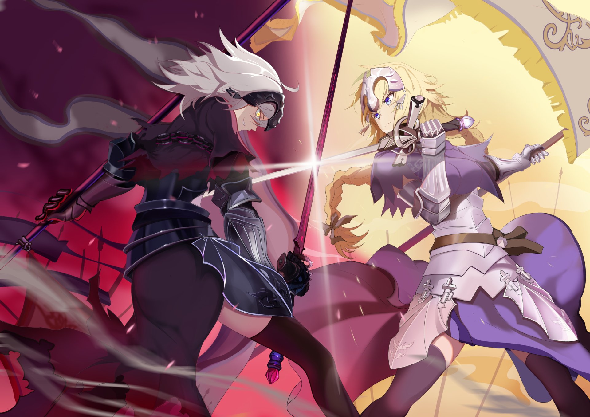 Download Short Hair Long Hair Weapon Flag White Hair Blonde Yellow Eyes Blue Eyes Armor Sword