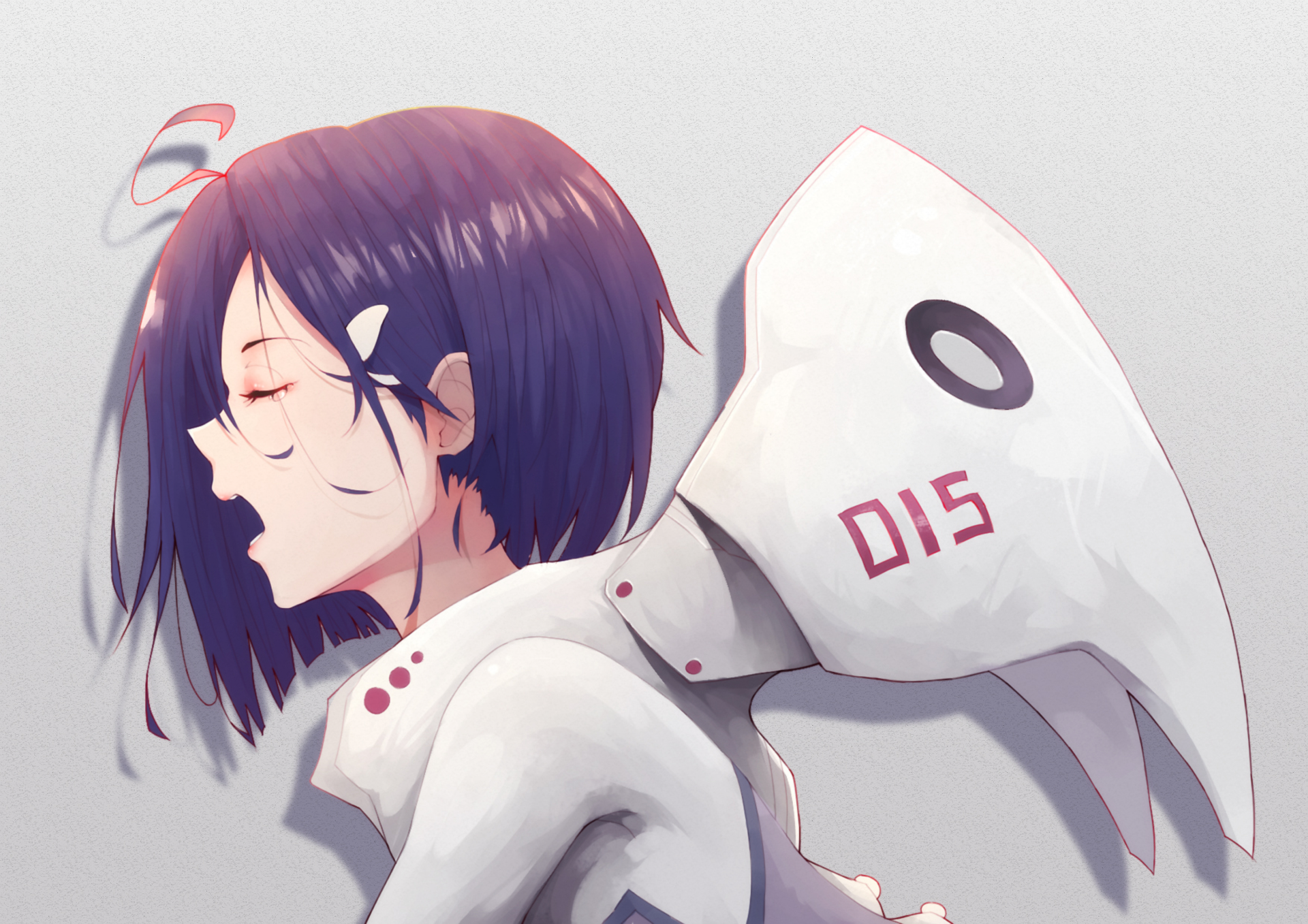 Anime character Ichigo from Darling in the FranXX with short blue hair and wearing a white suit, featured on a high-definition desktop wallpaper background.