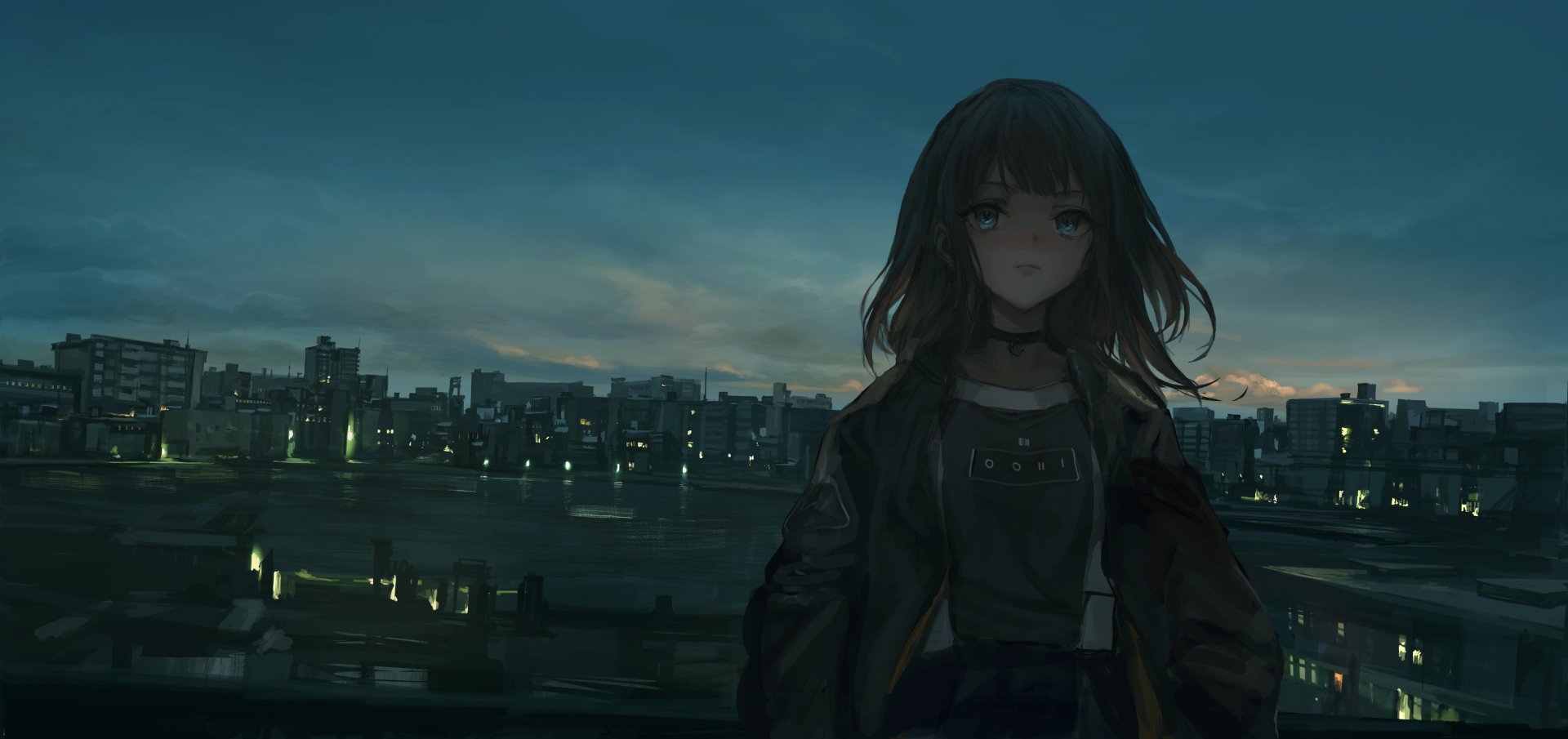 HD anime wallpaper featuring an original character standing against a city skyline at dusk.