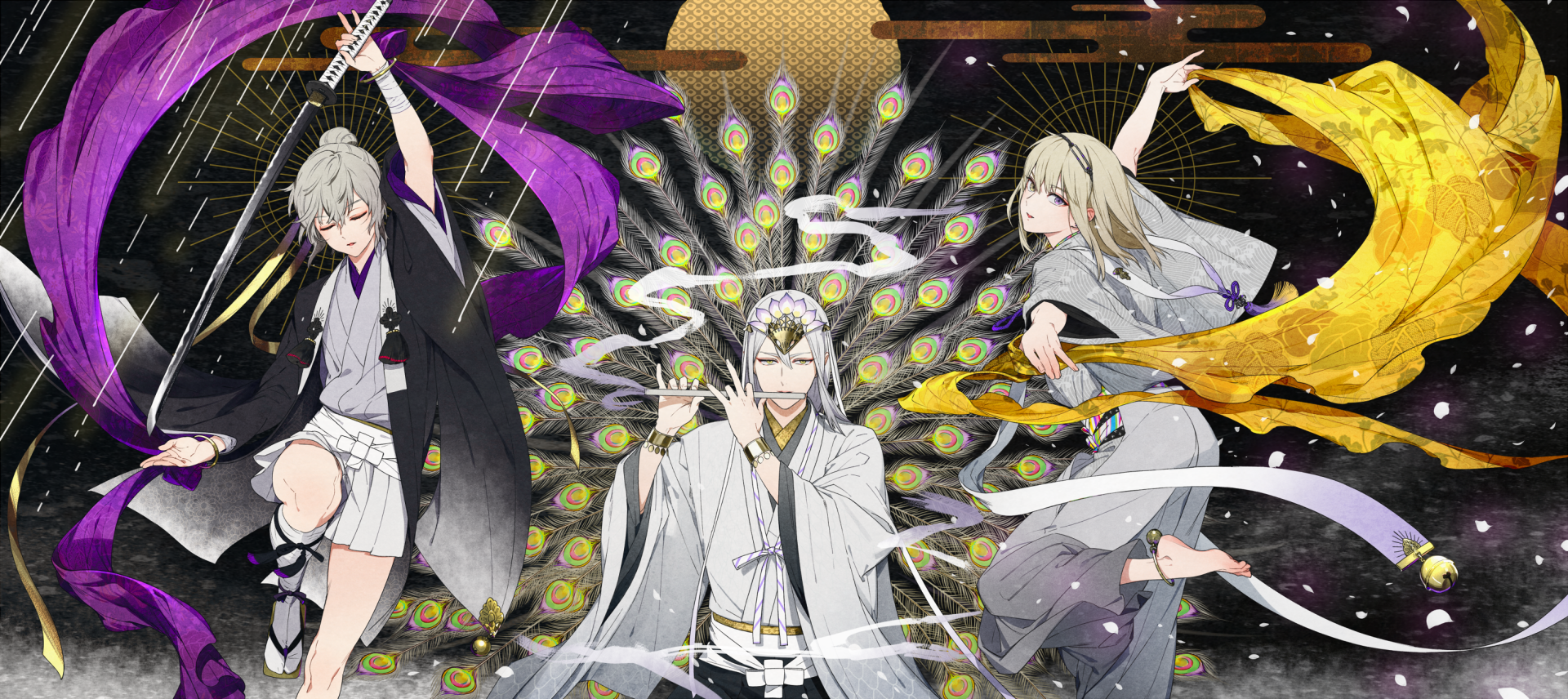 Anime original HD PC wallpaper: three long-haired figures in Japanese clothes — center white-haired with flute and peacock halo, flanked by smiling grey-haired katana wielders; yellow and grey eyes.