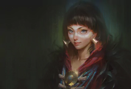 Fantasy-themed HD desktop wallpaper featuring a woman with striking blue eyes and black hair, set against a dark, mystical background.