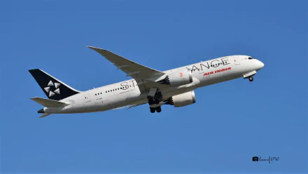 HD desktop wallpaper of a Boeing 787 Dreamliner passenger plane in flight against a clear blue sky, showcasing the aircraft's sleek design and livery.
