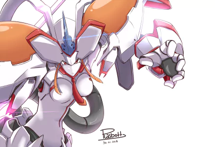 Anime character Strelizia from Darling in the FranXX depicted with red eyes and robotic features, rendered in vibrant 4K Ultra HD, capturing a dynamic pose.