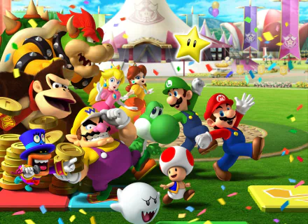 Colorful HD PC desktop wallpaper featuring characters from the video game Mario Party 8, including Mario, Luigi, Peach, Yoshi, and Bowser in a festive setting.