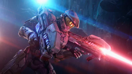 HD wallpaper of Master Chief from Halo, poised for battle with futuristic weapons, amidst a vibrant and intense backdrop.