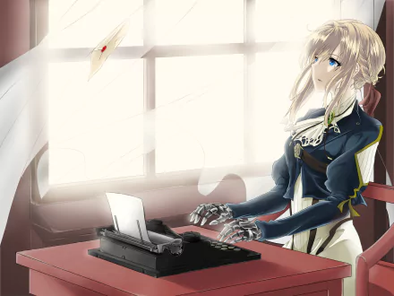Anime character Violet Evergarden, in uniform with long blonde hair and blue eyes, typing on a typewriter. A letter floats near a window. HD desktop wallpaper.