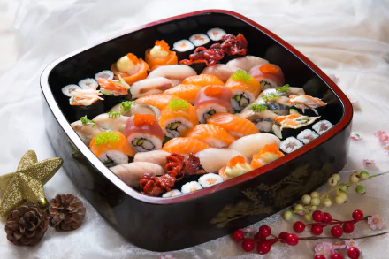 A 4K Ultra HD desktop wallpaper featuring an elegant tray of assorted sushi with seafood, rice, and fish arranged on a light fabric background with decorative accents.