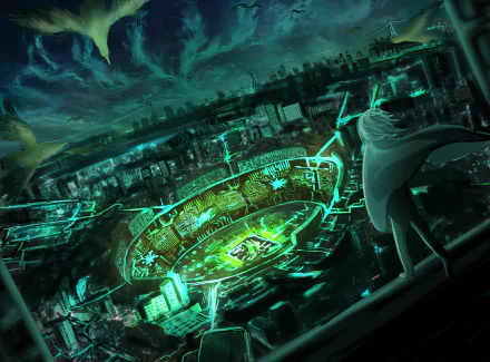 Anime original HD PC desktop wallpaper and background: cloaked figure overlooks a glowing emerald cyber-stadium and sprawling futuristic city under an aurora-lit night sky.