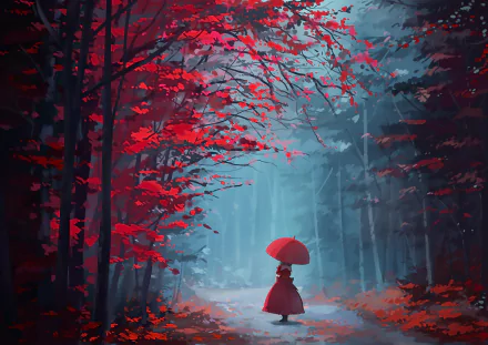 Anime character Hina Kagiyama in a red dress holding an umbrella, walking through a forest with red leaves. This HD desktop wallpaper captures a serene and mystical atmosphere inspired by Touhou.