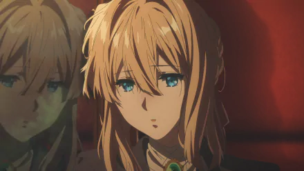 An HD desktop wallpaper featuring the anime character Violet Evergarden with her reflective expression and intricate details, tagged Violet Evergarden (Character), Violet Evergarden, Anime.