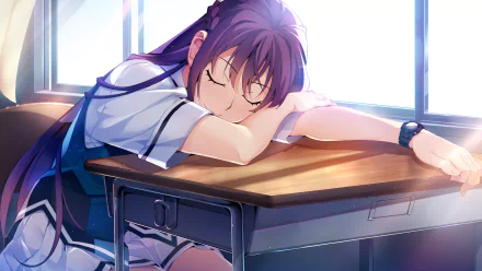 HD PC desktop wallpaper featuring an anime character from Grisaia: Phantom Trigger resting on a school desk with soft sunlight streaming through the window.