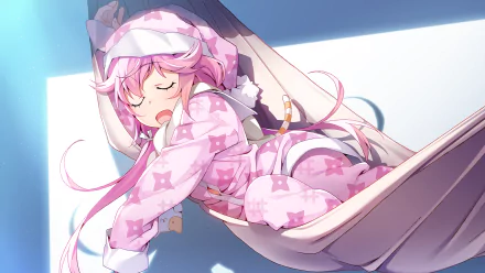 HD anime desktop wallpaper from Grisaia: Phantom Trigger featuring a pink-haired character sleeping peacefully in a hammock, bathed in soft sunlight.