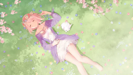 Anime-style HD desktop wallpaper featuring an original character with pink hair lying on grass, surrounded by flowers and accompanied by a white cat. The scene exudes serenity and beauty.