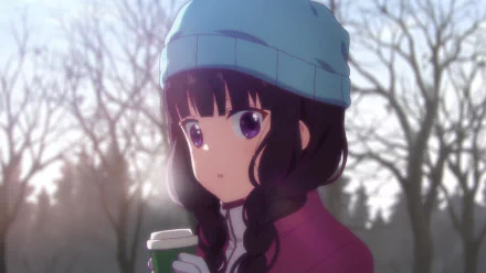 Close-up of Maika Sakuranomiya from Blend S with purple eyes and hair in braids, wearing a hat and glove, holding a cup in a sunbeam-dappled forest setting.