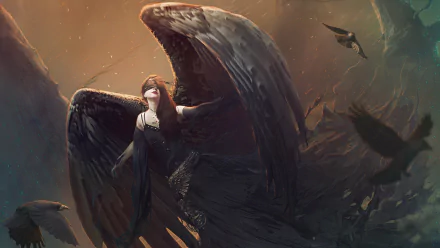 HD fantasy PC desktop wallpaper featuring an angelic figure in a flowing dress with large bird-like wings, surrounded by flying birds in a mystical atmosphere.