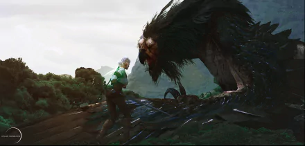 Ciri, the woman warrior from The Witcher 3: Wild Hunt, brandishes a sword facing a large creature in this HD PC desktop wallpaper from the video game.